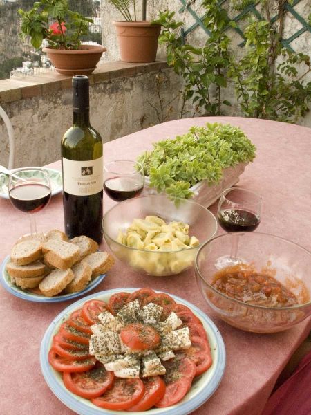 Italy, Positano Meal of antipasti and wine